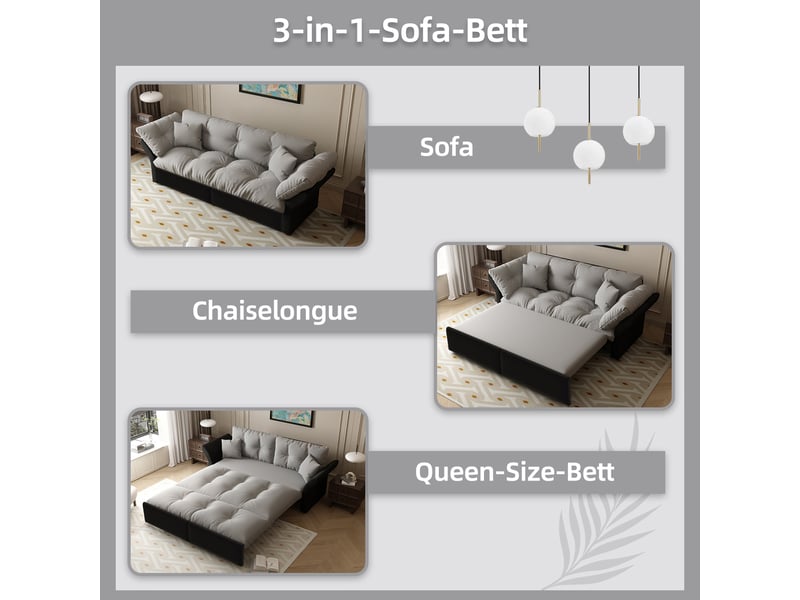  Canapé-lit convertible 3-en-1 190 cm queen-size, velours capitonné, 2 coussins, gris clair  - Conforama C
