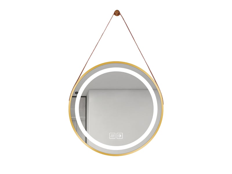 Miroir de salle de bain led 70 cm rond bordure dorée avec sangle anneau lumineux intégré verre sécurit tactile anti-buée - Conforama A