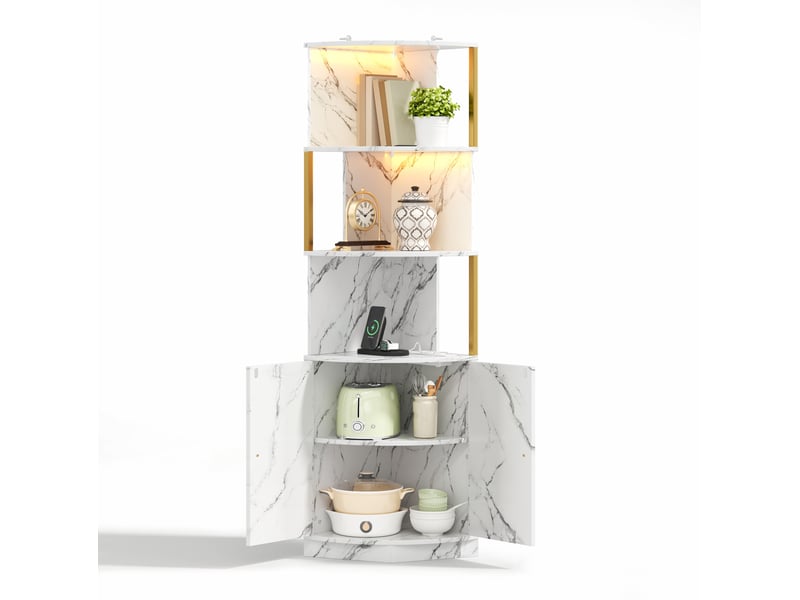  Meuble d'angle avec portes et niches ouvertes, rangement vertical, style marbre, pour cuisine et salon, mdf blanc, 38 × 38 × 180 cm  - Conforama A