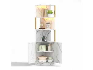 Meuble d'angle avec portes et niches ouvertes, rangement vertical, style marbre, pour cuisine et salon, mdf blanc, 38 × 38 × 180 cm