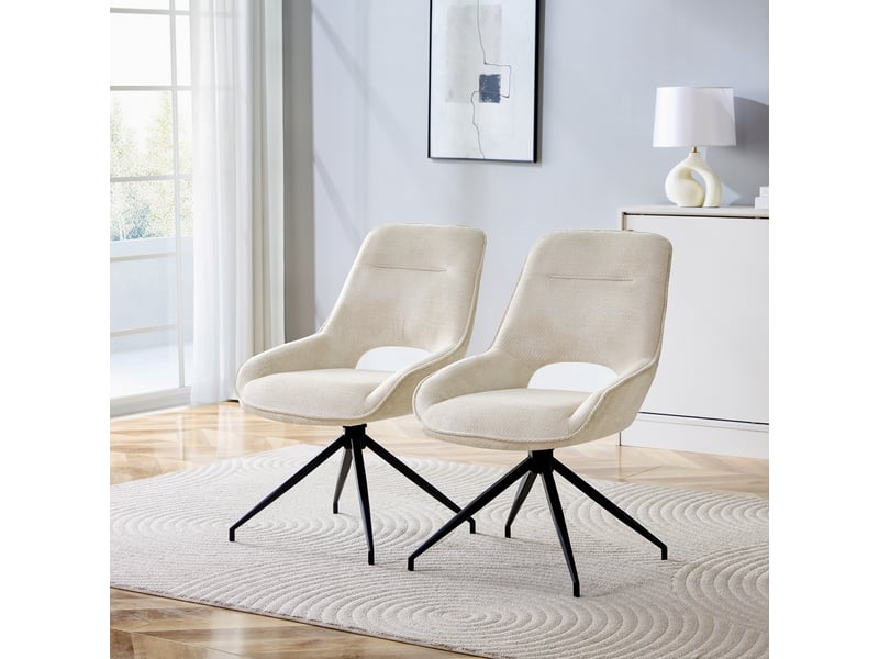 Chaise de salle à manger pivotante 360° avec assise rembourrée et dossier ergonomique, en tissu beige et métal noir  - Conforama C