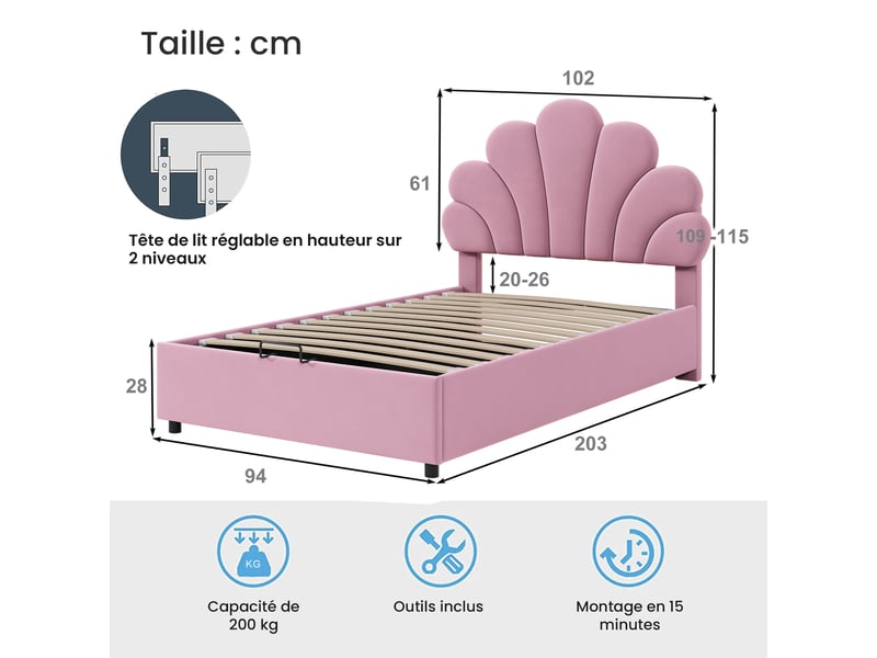  Lit coffre 1 place en velours rose avec tête de lit florale et rangement hydraulique, 200x90 cm, sans matelas  - Conforama D