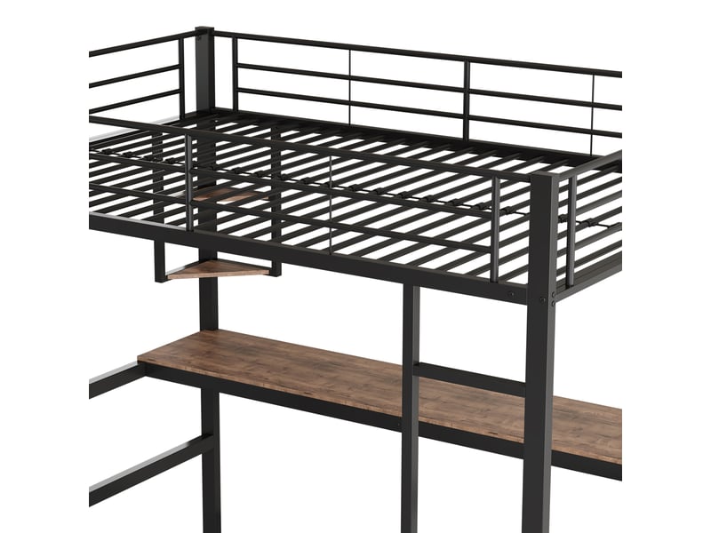 Lit mezzanine 90x200 cm avec étagères, structure acier, sommier, protection, métal + mdf, noir, sans matelas - Conforama D
