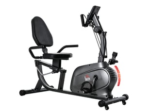 Vélo couché magnétique avec 8 niveaux de résistance, écran lcd, siège réglable et sangles de maintien pour les bras.