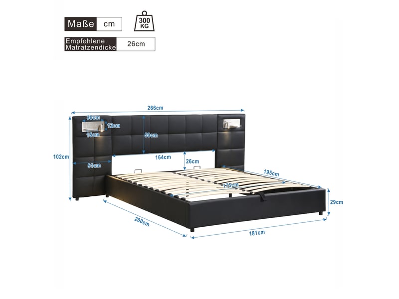  Lit coffre 2 places 180x200 cm avec usb, charge sans fil et éclairage noir  - Conforama C