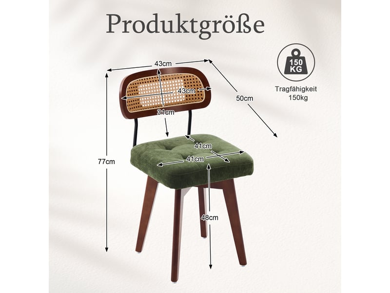  Chaise pivotante 360° lot de 2, chaises de cuisine style mid-century moderne, dossier tressé et assise rembourrée vert chenille  - Conforama C