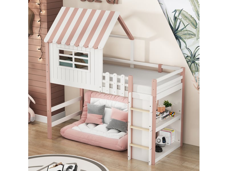 Lit mezzanine enfant cabane 90x200 cm avec échelle et rangement, rose  - Conforama D
