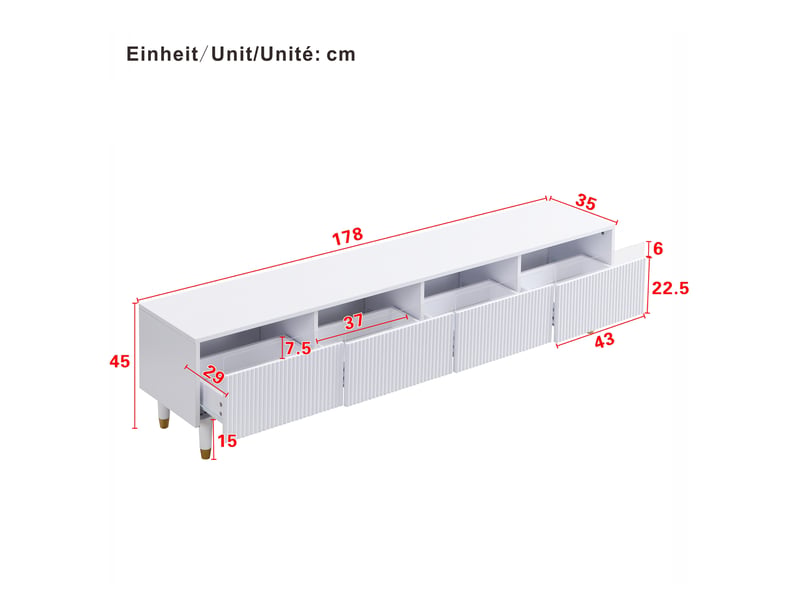  Meuble tv blanc 178 cm - design moderne, 4 tiroirs spacieux - style minimaliste contemporain  - Conforama C