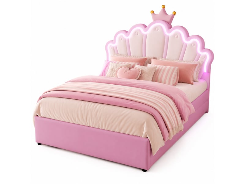  Lit enfant 140 x 200 cm rose, led 16 couleurs, 2 tiroirs, tête de lit réglable  - Conforama A