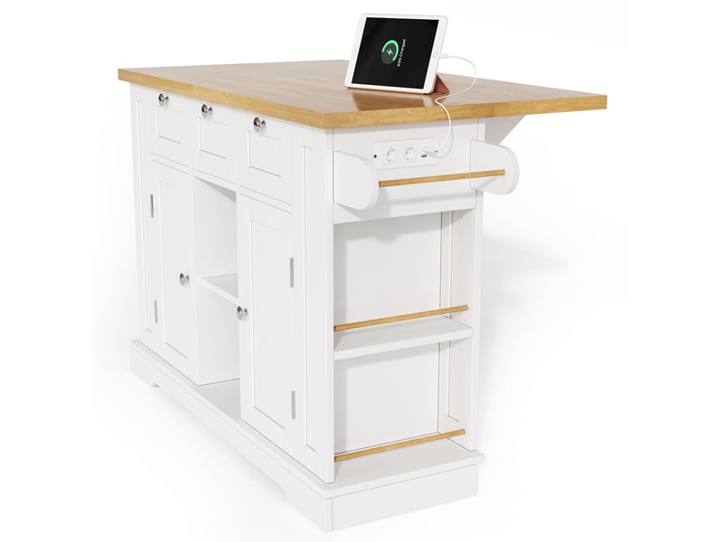  Desserte de cuisine mobile 132 x 70 x 87 cm, blanc et naturel en mdf, plan de travail rabattable avec prises usb  - Conforama E