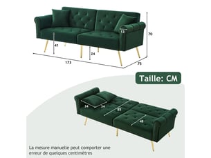 Canapé convertible 2 places en velours vert, dossier réglable 3 positions, pieds en métal doré, idéal pour petits espaces