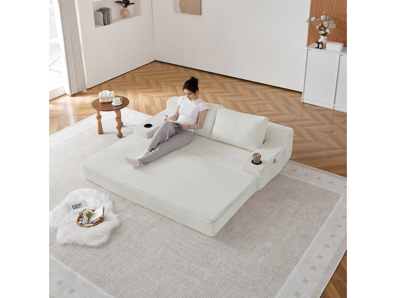 Canapé droit convertible 2 places en velours côtelé beige 180 x 85 x 62 cm avec porte-gobelets et rangements - Conforama E