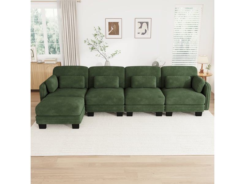  Canapé d'angle modulable - 4 places - forme l - 1 ottoman - coussins d'accoudoirs - tissu chenille - mobilier de salon - vert CozyNest - Conforama C