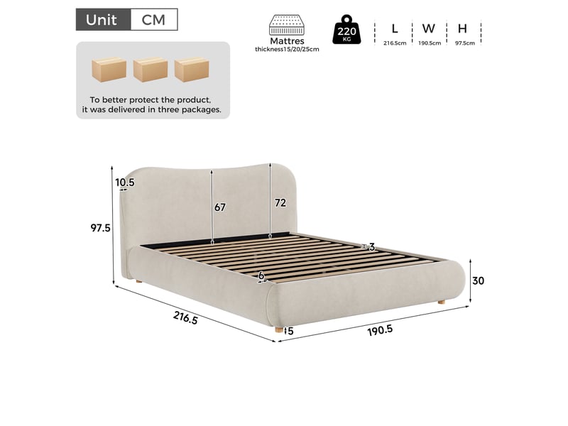  Lit coffre， lit rembourré 180x200 cm beige en velours tête de lit  - Conforama C