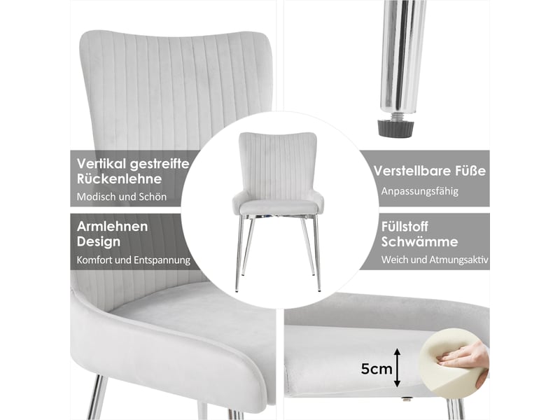  Chaises de salle à manger lot de 6 avec soutien lombaire  - pieds métal argenté velours gris  - Conforama E