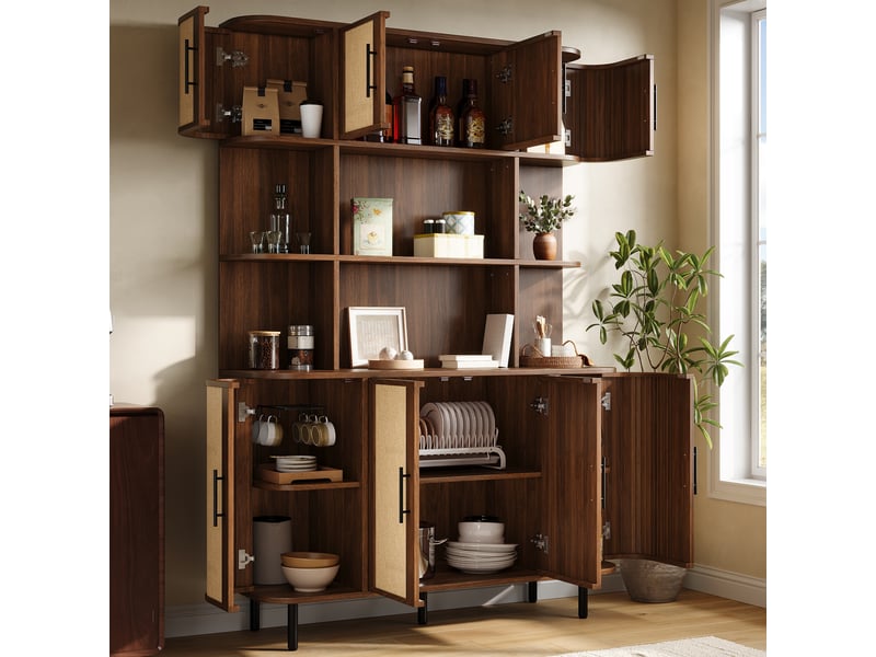  Buffet 8 portes avec rangement, poignées noires et pieds en métal pour salon en mdf 120×20×180 cm noyer  - Conforama B