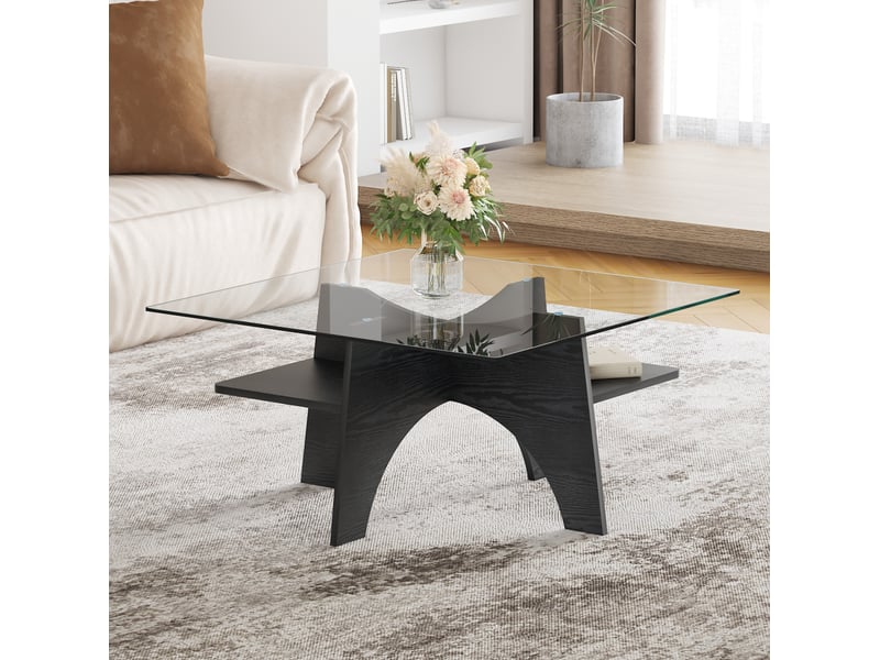  Table basse carrée en verre de sécurité avec structure en mdf noir, style moderne pour salon, bureau et salle à manger  - Conforama C