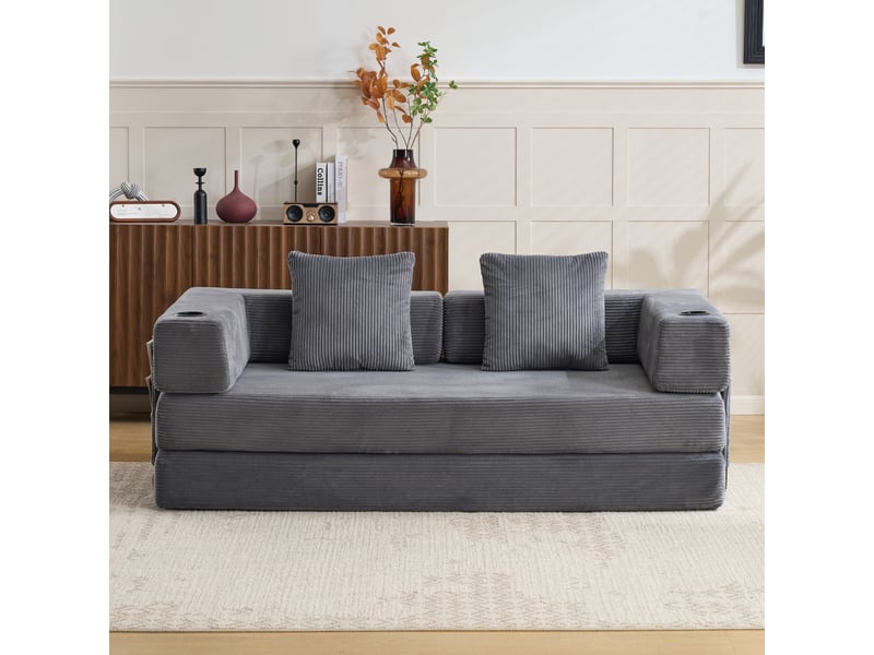  Canapé convertible, canapé-lit, en velours tricoté, gris foncé, poches latérales, porte-gobelets, chambre, pour salon  - Conforama R