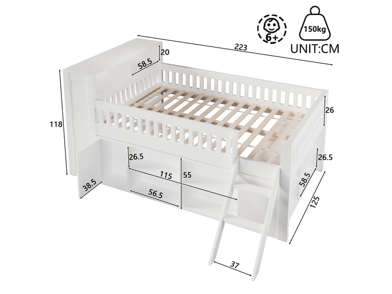 Lit simple 120 × 200 cm 1 place avec éclairage led, étagères et armoire, sans matelas, en bois blanc - Conforama D
