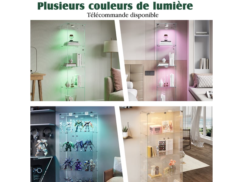 Vitrine en verre 4 niveaux simple porte - 39,8 x 35 x 163 cm - blanc - armoire d'exposition avec éclairage led et base blanche  - Conforama D