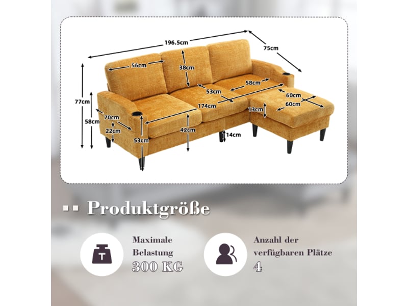  Canapé 4 places élégant avec ottoman et rangement – velours doux, accoudoirs confortables, pieds plastiques robustes  - Conforama C