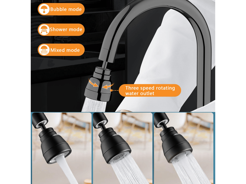  Aérateur de robinet noir 3 modes, tête douchette évier cuisine 360° pivotante, embout extension pour robinet de cuisine, économiseur d'eau  - Conforama D