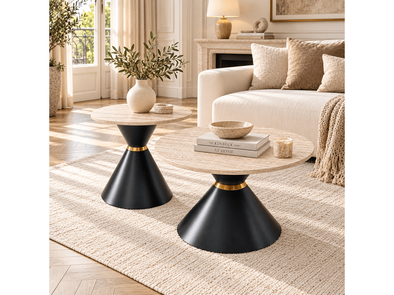 Lot de 2 tables basses rondes ø 7050 cm, plateaux effet travertin, table d'appoint, piètements coniques en métal noir et doré - noir et beige - Conforama C