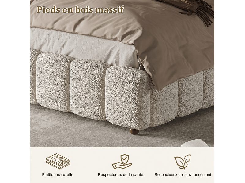  Lit coffre 140 × 190 cm 2 places avec rangement hydraulique et tête de lit rembourrée, sans matelas, blanc bouclé  - Conforama E