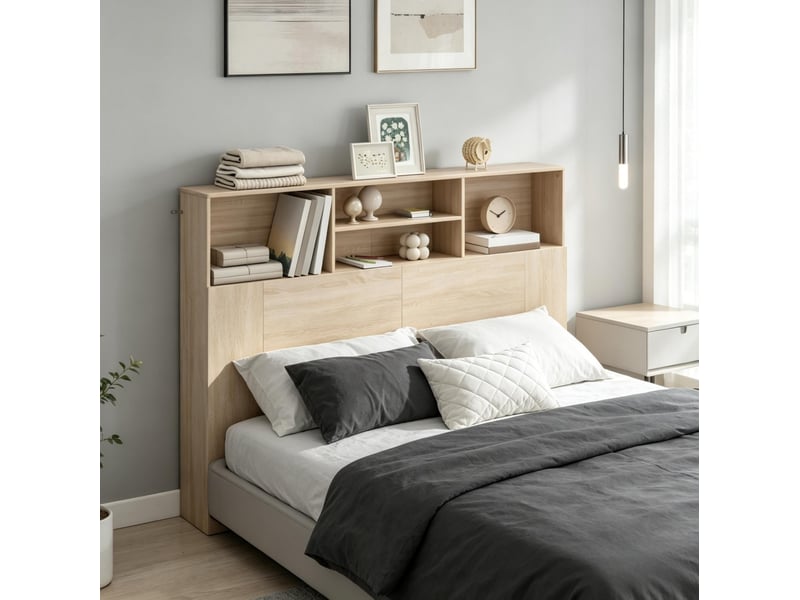  Tête de lit avec 4 niches ouvertes et fixation murale, rangement pour chambre, naturel, 140 × 19 × 103,5 cm  - Conforama C