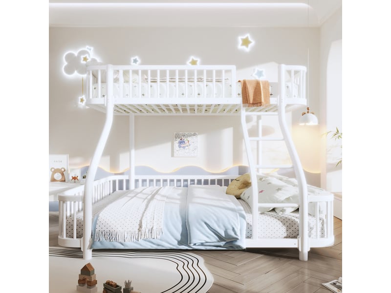 Lit superposé, 90 x 200 cm + 140 x 200 cm, cadre en fer, barrières de sécurité, échelle, sans matelas, blanc - Conforama D