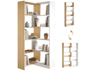 Bibliothèque d'angle, étagère à 5 niveaux, pivotante à 350°, coloris bois fruitéblanc