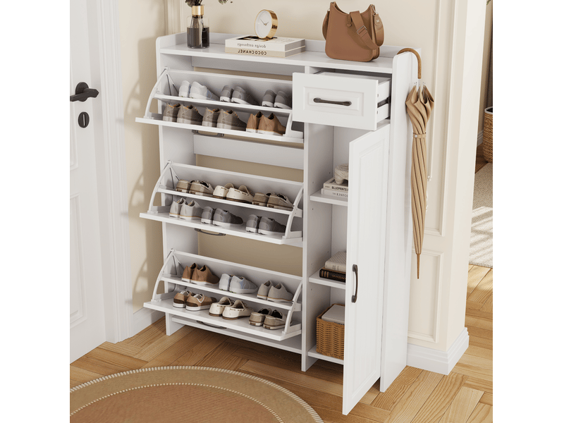  Meuble à chaussures blanc avec trois compartiments basculants, une porte, un tiroir et étagères réglables  - Conforama E