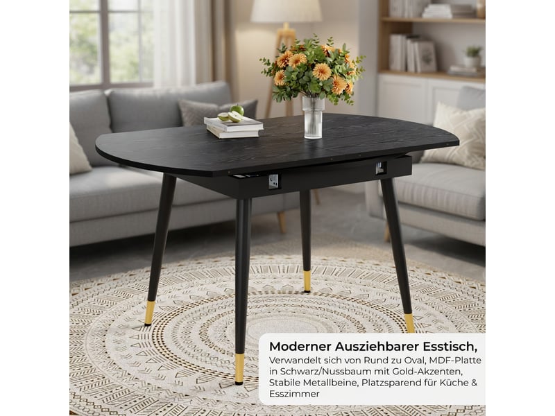 Table à rallonges, pouvant passer d'une forme ronde à une forme ovale, plateau en mdf rehaussé de touches dorées, noir - Conforama B