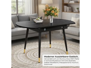 Table à rallonges, pouvant passer d'une forme ronde à une forme ovale, plateau en mdf rehaussé de touches dorées, noir