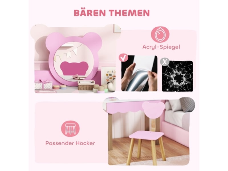 Coiffeuse enfant rose avec tabouret, miroir maquillage, forme ours, tiroir, mdf - Conforama D