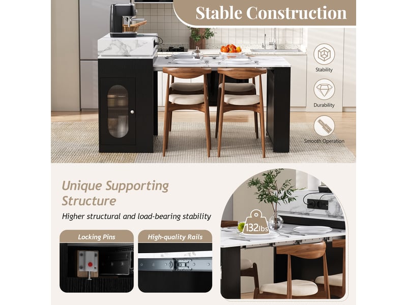 Desserte de cuisine extensible avec rangement et prises 83×46 à 146,5×96 cm en mdf noir - Conforama C
