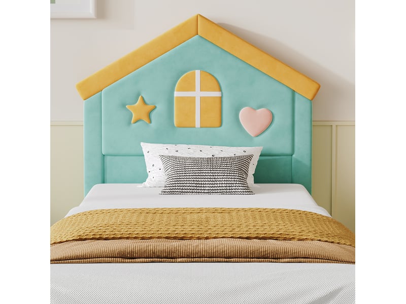  Lit enfant cabane 90x200 cm 4 tiroirs de rangement, tête de lit maison, velours français, bleu-vert sans matelas  - Conforama E