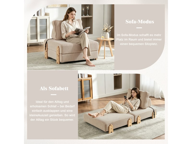  Canapé convertible 1 places en velours côtelé kaki, dossier ergonomique, structure en bois, 90×170×69 cm  - Conforama E