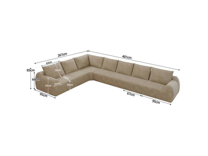  Canapé d'angle 401x267x85 cm 7 places en tissu chenille kaki  - Conforama E