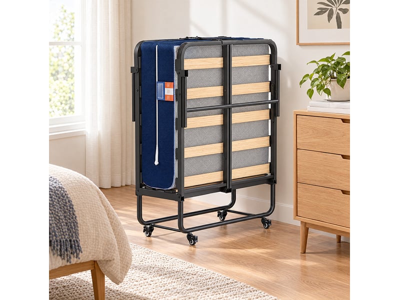 Lit pliant pour adulte avec sommier et matelas épais, sur roulettes, 190 x 80 cm, bleu - Conforama C