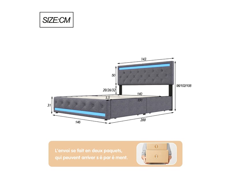 Lit double 140x190 avec led et tiroir, lit capitonnée avec 4 tiroirs cadre de lit avec rangement et tête de lit rembourrée lit 2 personnes avec usb pour adultes et adolescents tissu en lin, sans matelas - Conforama C