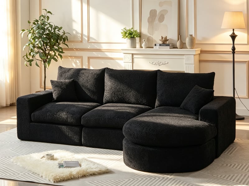  Canapé d’angle, modules incurvés et méridienne, entièrement compressé, mousse, 80x250x160 cm, noir  - Conforama B
