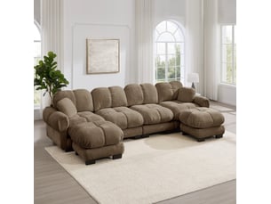 Canapé d’angle panoramique en u 4 places 330x149x90 cm, coussins garnis, modulaire 2 poufs déplaçables, revêtement en chenille, marron
