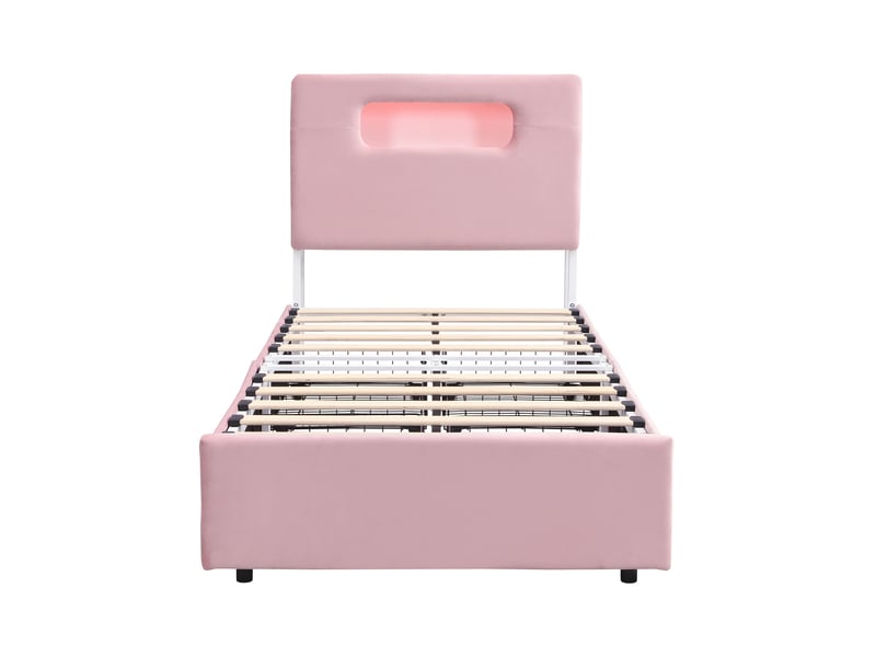 Lit enfant rembourré 90x200 cm rose avec 4 tiroirs, rangements et led app - Conforama A