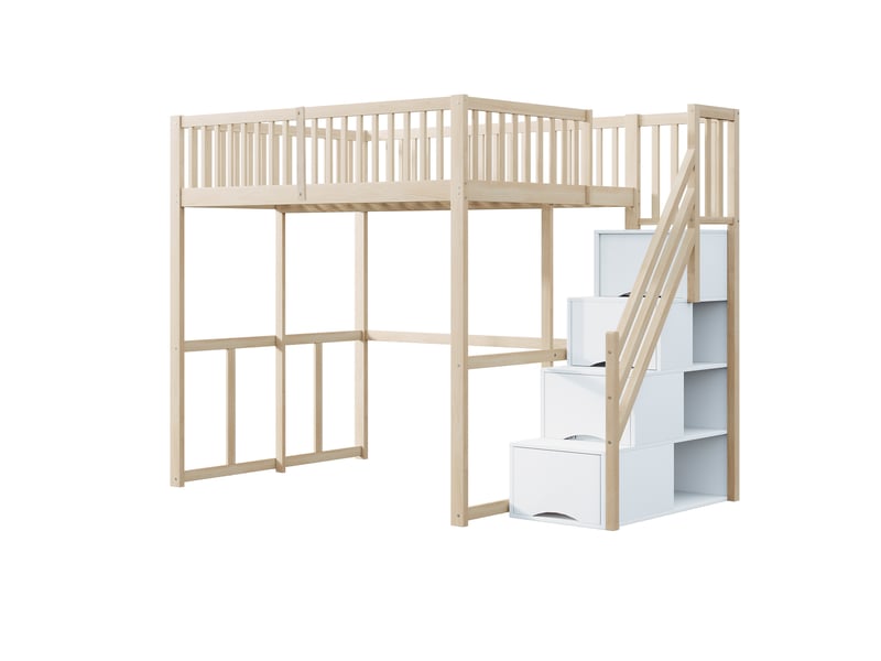 Lit mezzanine enfant 140x200 cm – bois naturel et blanc – escalier de rangement sécurisé - sans matelas - Conforama E
