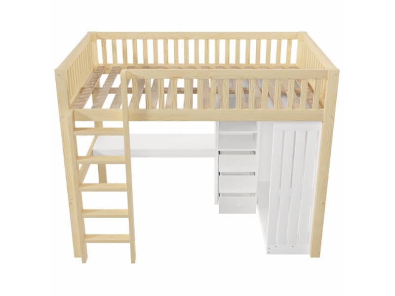  Lit mezzanine 140x200 cm avec bureau, armoire, 3 tiroirs, rangements ouverts, garde-corps et escalier - bois naturel  - Conforama A