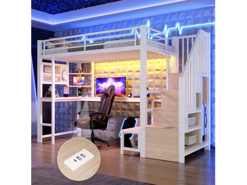  Lit mezzanine 90x200 cm avec bureau, rangements, led, usb et usb-c, blanc  - Conforama E