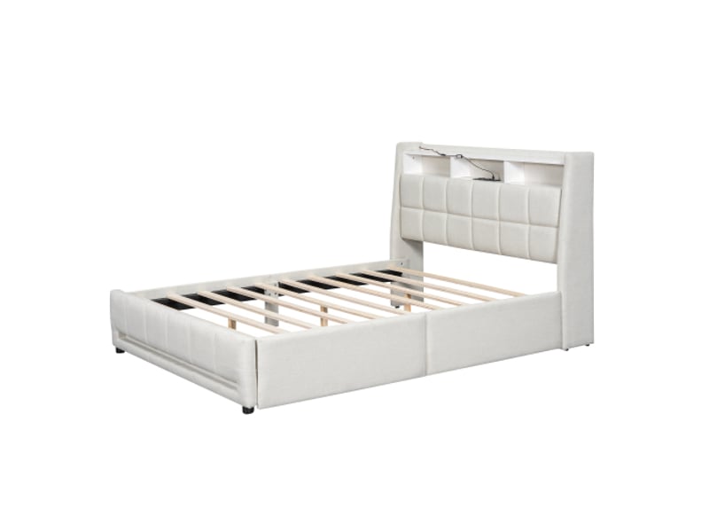  Lit capitonné, 140 x 200 cm, sans matelas, avec télécommande via application, éclairage led, tiroirs avec prises et ports usb, compartiment de rangement intégré, linge de lit, beige  - Conforama E