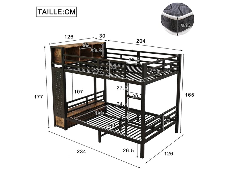  Lit superposé métal noir 120x200 avec rangement intégré, penderie et tiroir sans matelas  - Conforama C