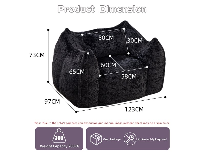  Fauteuil poire modenvie avec coussin, grand modèle en fourrure synthétique noire, mousse déchiquetée, 123 x 97 x 73 cm  - Conforama C